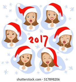 Christmas Set - six emotion faces of girls. Vector cartoon illustration. Woman expression emoticons face icons cute style in the hat of Santa Claus. Smile, happy, sadness, cry, scary, angry symbols.