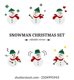 Christmas set with six snowmen in different moods, wearing green hood and red scarf. Cartoon flat design icon collection, editable EPS vector.