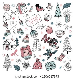Conjunto de Navidad, patrón de esbozo. Perfectamente para el patrón de envoltura, banners, papel, tarjetas de Navidad.Ilustración vectorial de doodle dibujada a mano.