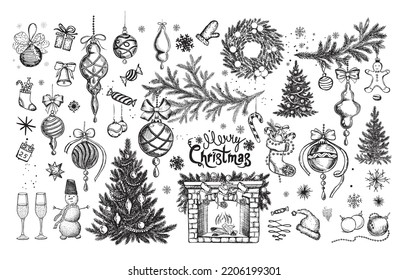 Christmas set in sketch style. Hand drawn illustration.	
