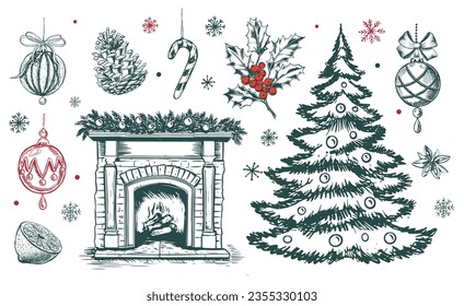 Christmas set in sketch style. Hand drawn illustration.