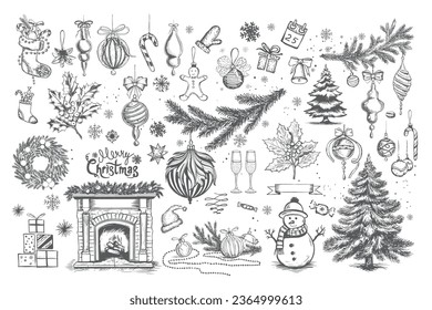 Christmas set in sketch style. Hand drawn illustration.