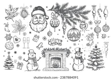 Christmas set in sketch style. Hand drawn illustration.	