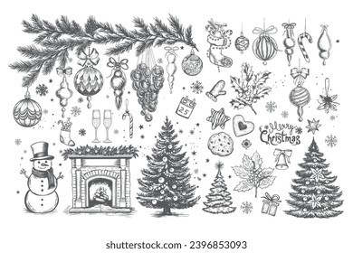 Christmas set in sketch style. Hand drawn illustration.
