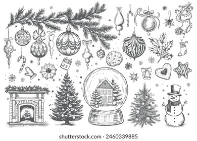 Christmas set in sketch style. Hand drawn illustration.	