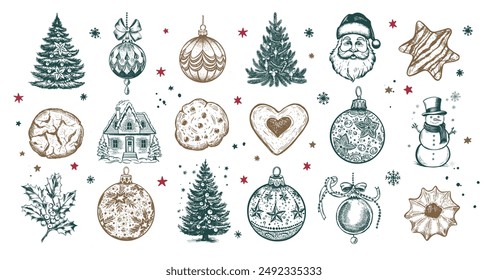 Christmas set in sketch style. Hand drawn illustration.	