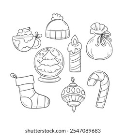 Christmas set in sketch style. Hand drawn illustration.
Christmas elements sketch. Illustration of cap, hot chocolate mug, stockins, candy illustrations.