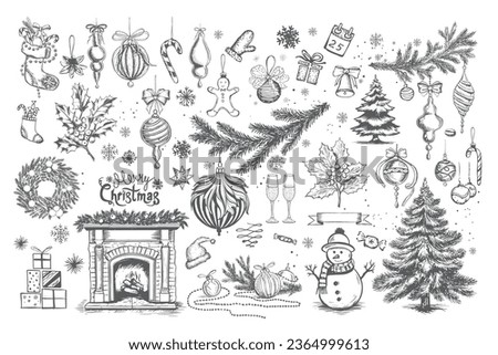 Christmas set in sketch style. Hand drawn illustration.