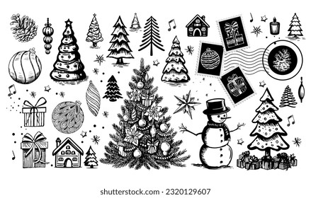 Christmas set in sketch style. Hand-drawn illustrations, line drawing black on white background 