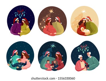 Christmas set of Smiling Characters Celebrating New Year and Xmas evening. Happy family together near Christmas Tree. Parents and children anticipte holiday festivity rejoice Flat Vector Illustration