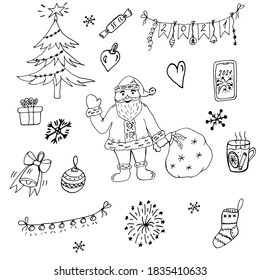 Christmas set with snowflakes, fir tree, garlands, 2021 lettering, sock, hot drink with orange and cinnamon, smartphone with fireworks image and numbers 2021, candy, heart. Vector. Icons for the holid