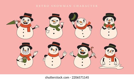 Christmas set Snowman mascot character, retro 30s cartoon . 40s, 50s, 60s old animation style. Different emotions and face expressions. Vintage comic merry Christmas collection. Isolated flat vector