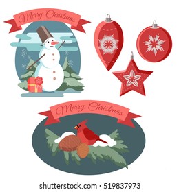 Christmas set with snowman and northern cardinal. Vector illustration 