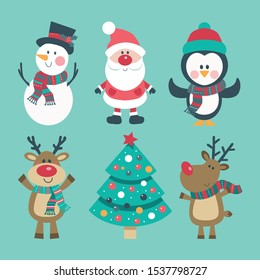 Christmas set with snowman, penguin, Santa, deer and decorated tree. Vector illustration.