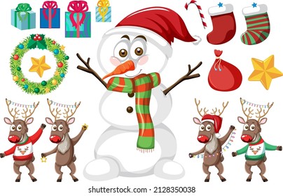 Christmas set with snowman and reindeers illustration
