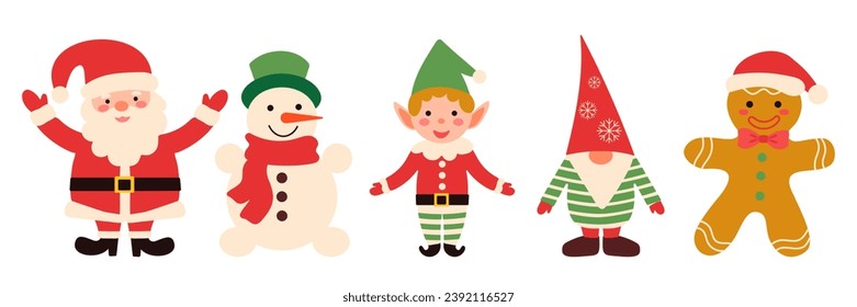 Christmas set with Snowman, Santa Claus, elf, gnome, gingerbread man character