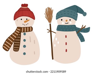 Christmas set snowman in a scarf and top hat, vector illustration on white background for sticker, print, poster, postcard