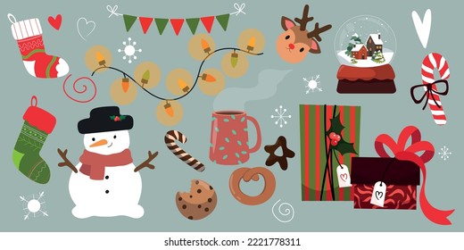 Christmas set: snowman, snowflakes, gifts, garland, cocoa and cookies, sock for gifts, deer, snow globe, candy. Vector illustration for the holiday.