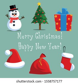 Christmas set snowman christmas tree gift hat santa claus bag sock  illustration  vector