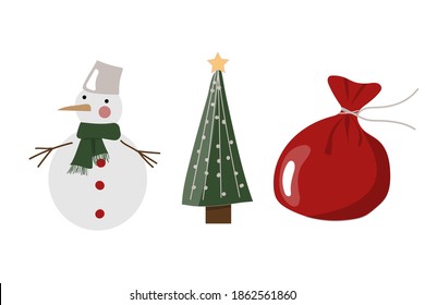 
Christmas set with snowmen, fir tree and bag of gifts. prints for the design of cards, posters, t-shirts.