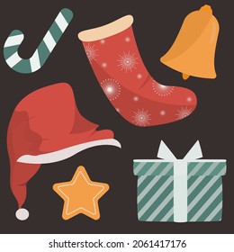 christmas set with sock, santa claus cap, gift box and bell