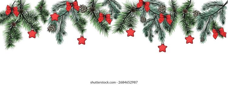 Navidades con ramas de abeto arcos rojos y decoraciones
