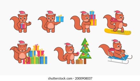 Christmas set of squirrel characters in various situations. Cute gopher hold gift box, snowboarding, ride sleigh and show other actions. Vector illustration bundle