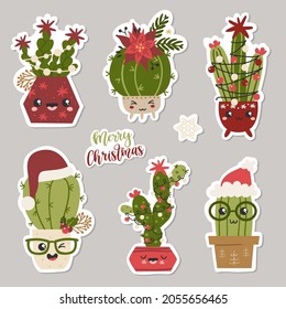 Christmas set of stickers with cacti. Vector illustration for greeting cards, christmas invitations and scrapbooking