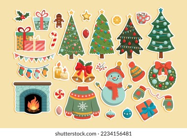 Christmas set stickers. Collection of labels. Snowman, Christmas tree, candles and fireplace. Decoration for room and socks for presents. Cartoon flat vector illustrations isolated on beige background