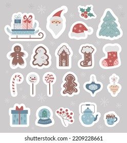 Christmas set stickers. Collection New Year decor, Santa Claus, gifts, toys and gingerbread, caramel, teapot and cup, stocking and Christmas sock. Vector isolated Digital printed stickers