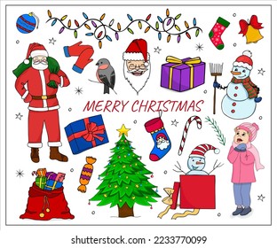 Christmas set of stickers and design elements.  Hand drawn colorful doodle illustration on white background.