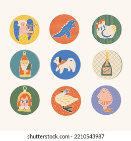 Christmas set of stickers and labels for packing presents in vector. Cute vintage toys, animals and baubles illustration.