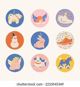 Christmas set of stickers and labels for packing presents in vector. Cute vintage toys, animals and baubles illustration.