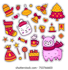 Christmas set of stickers, patches, badges, pins, prints. Cute cartoon alpaca, kitten, holiday decorative elements. Vector isolated illustrations.