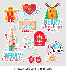 Christmas set of stickers, pins, patches and badges vector illustration. Planner stickers. Flat design cute stickers for mobile messages, chat, social media, online communication, web design