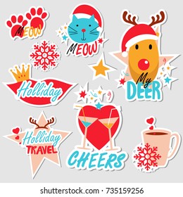 Christmas set of stickers, pins, patches and badges vector illustration. Planner stickers. Flat design cute stickers for mobile messages, chat, social media, online communication, web design