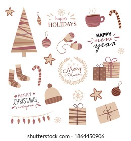 
Christmas set of stickers for scrapbooking. Various elements and inscriptions that convey the New Year's mood. Elements in the Scandinavian style.