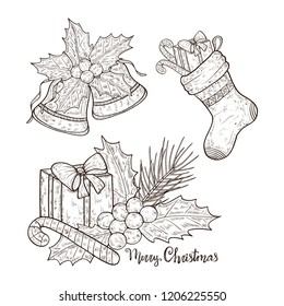 Christmas set. Stocking, gift, fir, holly, bell. Sketch. Monophonic.