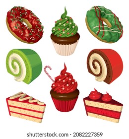 Christmas Set of Sweet Cakes Isolated on White Background. Cupcakes, Donuts, Rolls and Cakes in Red and Green. Vector 3D Realistic Illustrations.

