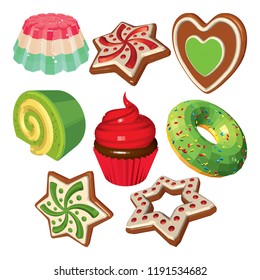 Christmas Set of Sweet Desserts Isolated on White Background. Cakes Pudding and Cookies in Green Red and White. Vector 3D Realistic Illustrations.

