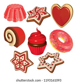 Christmas Set of Sweet Desserts Isolated on White Background. Cakes Pudding and Cookies in Red and White. Vector 3D Realistic Illustrations.

