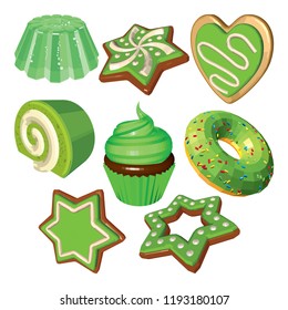 Christmas Set of Sweet Desserts Isolated on White Background. Cakes Pudding and Cookies in Green and White. Vector 3D Realistic Illustrations.

