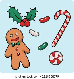 Christmas set of sweets - Christmas design with gingerbread man - vector illustration of candies, gingerbread man and mistletoe
