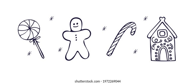 Christmas set of sweets, gingerbread house, lollipop, cookies, candy cane isolated on white background. Vector illustration in outline hand drawn style