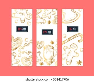 Christmas set, sweets  and New Year gift card, hand drawing sketch illustration. Vector Collection of sketch decoration object 