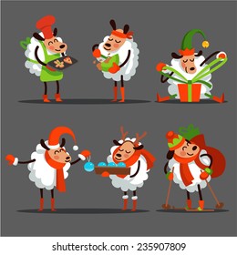 Christmas set - symbol 2015 - sheep. Cartoon characters Sheep - decorating the Christmas tree, bake Christmas cookies, gift packaging and carry gifts to children.. Vector illustration in flat style.