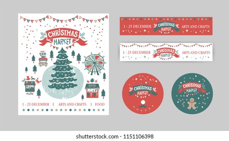 Christmas Set with tags, stickers, label, poster. Christmas Market emblem, sign. Christmas market poster template. Illustration gift shops, food and drinks, garlands. For winter Seasons Greetings