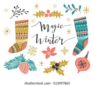 Christmas Set. Template for Greeting Scrap booking, Congratulations, Invitations. Vector illustration with stylish lettering 'Wonder winter' and isolated christmas elements.