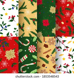 Christmas set of templates. Cute winter seamless pattern for your decoration. Christmas and Happy New Year set of winter holidays backgrounds. Vector illustrations
