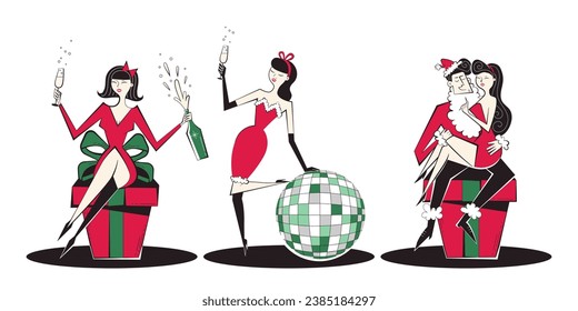 Ilustración navideña de tres personas en estilo retro. Ilustración vectorial de mujer en regalo, mujer con bola de disco y champán y Santa y mujer en vestido rojo.